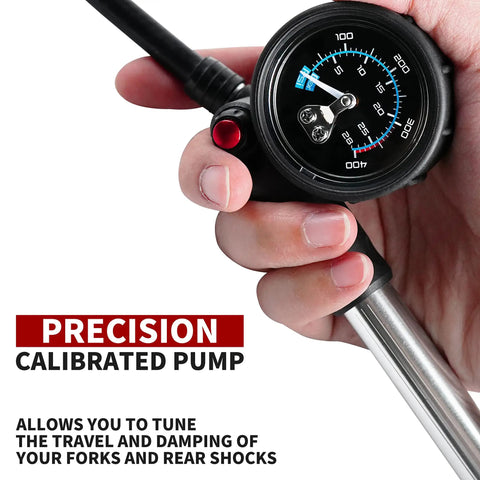Close-up of Portable Bike Fork And Rear Shock Pump 400 PSI with 1.5 Inch Gauge, showing needle gauge and alloy barrel.