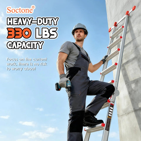 Telescoping A Frame Ladder 17 Ft With Anti Slip Feet, Multi Position Extension Ladder, Dual Stabilizer Bars For 8 Point Ground Contact, Secure Locking And Smooth Retraction For Stable Wobble Free High Reach Tasks, worker on ladder