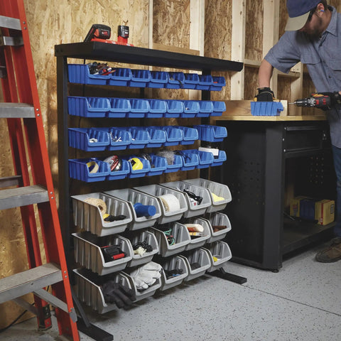 Heavy Duty Garage Organization Workhorse Storage Rack With Powder Coated Steel Rails And Hella Sturdy 47 Super Polypropylene Bins Ideal For Shop Hardware Tools