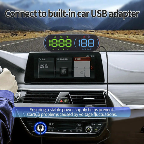 Top Shelf Head Up Display For Rivian R2 2026 digital speedometer projector showing speed data on dashboard.
