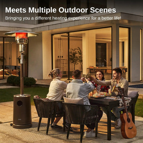 Group dining outdoors with Massive 50,000 BTU Patio Heater With Table Design, providing warmth and ambiance.