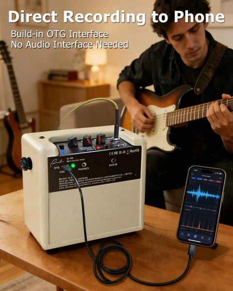 Musician using Mini Electric Guitar Amplifier With OTG Recording For Content Creators connected to a phone, cream white