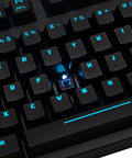 Close-up of Premium Red Mechanical Gaming Keyboard Displaying Bold Per Key Full RGB Color Backlight with blue illumination.