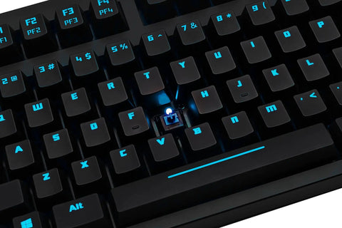 Close-up of Premium Red Mechanical Gaming Keyboard Displaying Bold Per Key Full RGB Color Backlight with blue illumination.