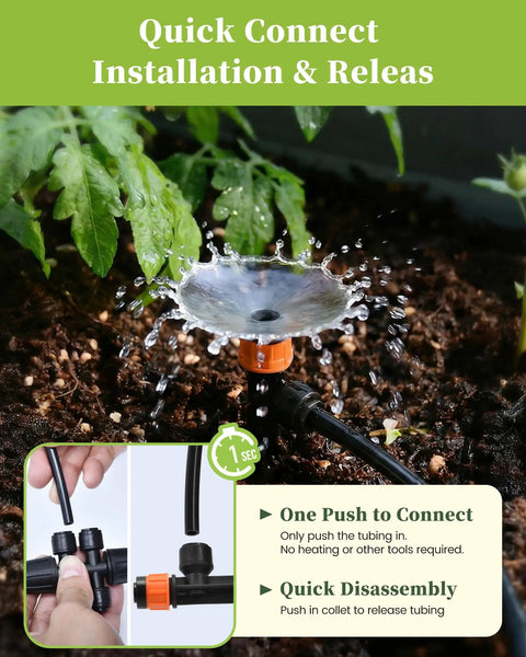 Drip Irrigation System With Quick Connect Garden Watering Kit featuring an adjustable Vortex emitter with spray in soil