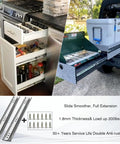 Bulletproof Heavy Duty Full Extension Ball Bearing Drawer Slides One Pair 20 Inch Thick Steel Cabinet Runners in kitchen and RV setup.