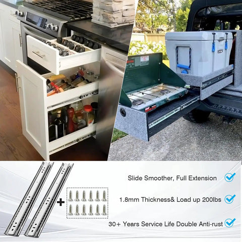 Bulletproof Heavy Duty Full Extension Ball Bearing Drawer Slides One Pair 20 Inch Thick Steel Cabinet Runners in kitchen and RV setup.