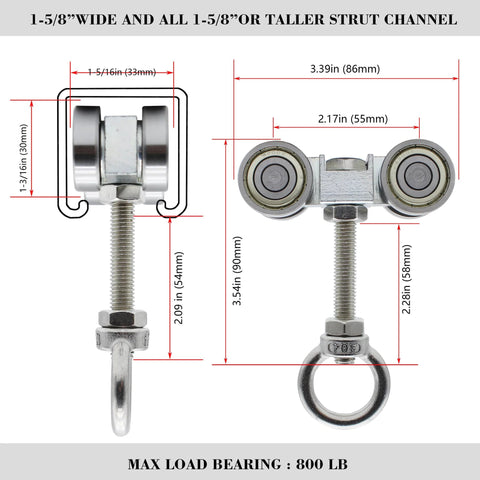 Four Wheel Trolley Assembly With Super Silent Pulley And M10 Bolt Plus Lifting Eye Nut For Use With One And Five Eighths Inch Wide And Taller Strut Channels Pack Of Two Heavy Duty Construction For Versatile Industrial Use And Smooth Quiet Operation, front and side view.