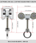 Four Wheel Trolley Assembly With Silent Pulley For One And Five Eighths Inch Wide And Taller Strut Channel Includes M10 Bolt and Lifting Eye Nut Pack Of 4 with dimensional details