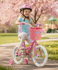 Girl riding bike with 27 Piece Lil Pink Kids Bike Accessories Set For Girls including basket and streamers, in a park.