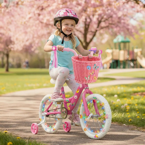 Girl riding bike with 27 Piece Lil Pink Kids Bike Accessories Set For Girls including basket and streamers, in a park.