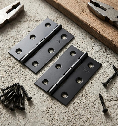 Two Pack Small Door Hinges, Black Stainless Steel 3 Inch Hinges with screws for wood doors, cabinets and windows on surface