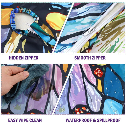 Close-up of butterfly pattern round outdoor tablecloth with umbrella hole and zipper, showing waterproof, stain-resistant features