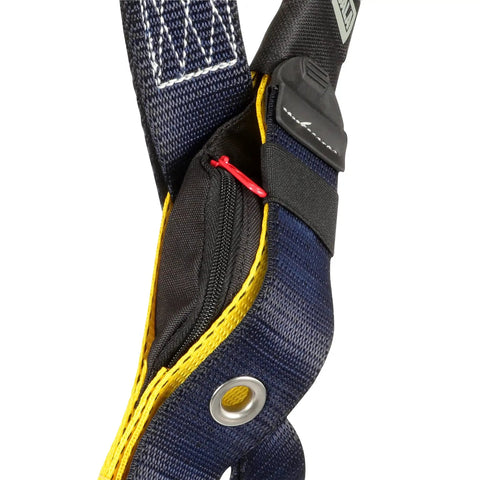 Close-up of No-Tangle Full Body Safety Harness with reinforced stitching and back D-ring, navy and yellow, 2X-Large for industrial use.