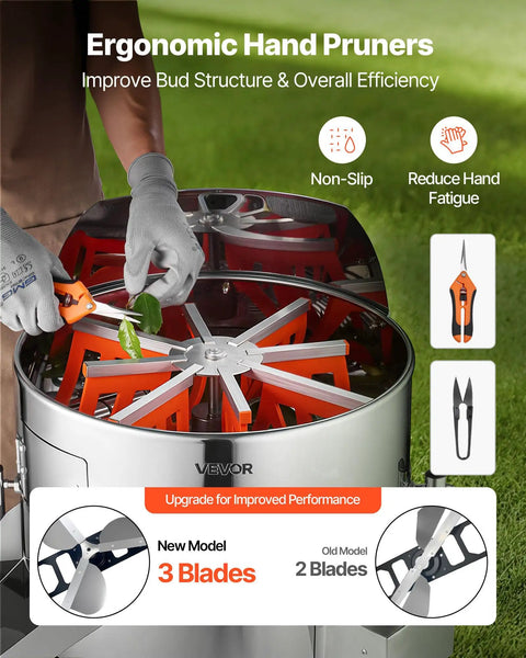 Electric Bud Leaf Trimmer With Tilted 18 Inch Frame showing ergonomic hand pruners with non-slip grip and three blades