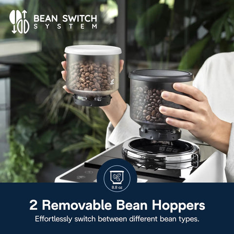 One Touch Automatic Espresso Machine With Integrated Grinder And Smart Milk Frother In Sleek White showing 2 removable bean hoppers with coffee beans.