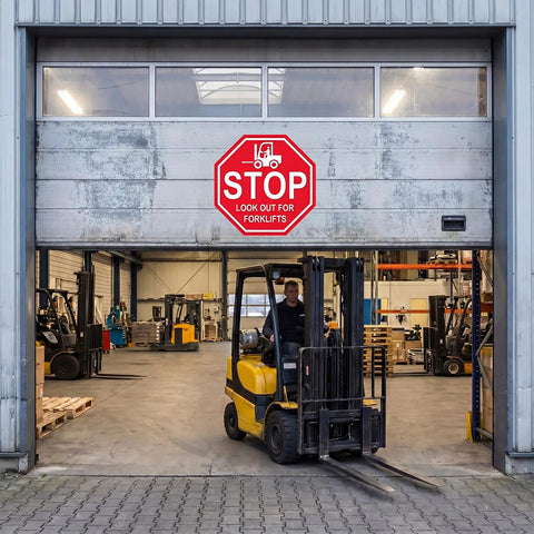 Stop Look Out For Forklift Floor Sign 17 By 17 Inches Vinyl Caution Warning Safety Traffic Sticker Labels Self Adhesive Waterproof Anti Slip Signage For Warehouse Workplace 5 Pack on warehouse door