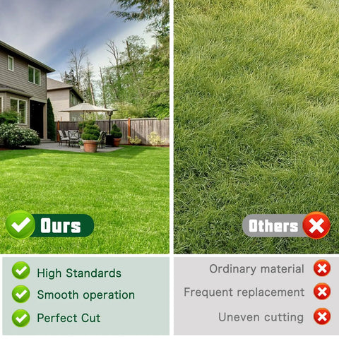 Comparison of grass cut quality, left side cut with 42 Inch Deck Rebuild Kit Fits Mower Models LT1000 LT2000 DLT3000 DYT4000 DIY Friendly Decks Includes Spindles 130794 Blades 127843 Idlers 153535 173438 173437 and Belt 21547082 For No Fuss Install, right side uneven cut.
