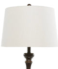 Close-up of cream drum shade and polystone base from Polystone Floor Lamps Set Of 3 With Drum Shades In Brown Finish, Traditional Trapezoid Silhouette, One Tall 61 Inch And Two 30 Inch Lamps, Cream Linen Shade, Solid Polystone Construction For Classic Living Rooms.