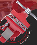 Heavy Duty Bench Vise Featuring A 4.5 Inch Jaw Width And 3 Inch Opening, close-up view of swivel base and robust red chassis.
