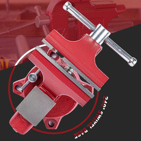 Heavy Duty Bench Vise Featuring A 4.5 Inch Jaw Width And 3 Inch Opening, close-up view of swivel base and robust red chassis.