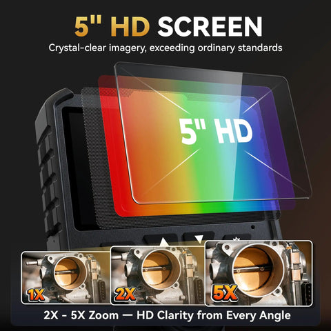 4 Way Articulating Borescope With Light, 5 Inch HD Endoscope Camera With 6 Adjustable LEDs, 5 Foot Flexible Probe For Automotive Engine Inspections And Hard To Reach Areas. 5" HD screen and zoom detail