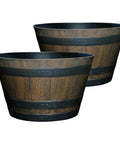 Outdoor Whiskey Barrel Planter Set Of 2 Made From Resin In Walnut Brown With UV Coating And Drainage Holes, lightweight flower pots.