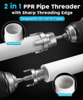 2 in 1 PPR pipe threader for 1/2", 3/4" & 1" pipes, showing external and internal threading functionality.