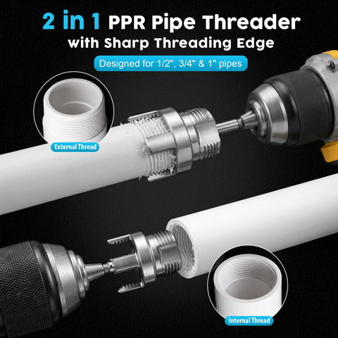 2 in 1 PPR pipe threader for 1/2", 3/4" & 1" pipes, showing external and internal threading functionality.
