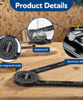 Heavy Duty 7 Inch Aluminum Angle Finder Protractor With Dual Scale Square shows waterproof feature and laser engraved scale.