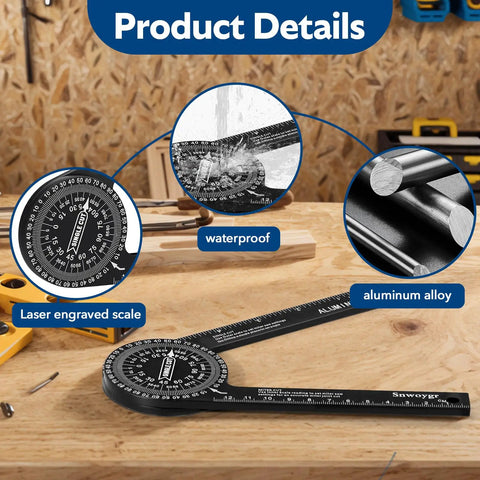 Heavy Duty 7 Inch Aluminum Angle Finder Protractor With Dual Scale Square shows waterproof feature and laser engraved scale.