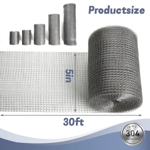 Built Tough 304 Stainless Steel Wire Mesh Roll 5 Inch By 30 Foot, shown in various roll sizes with material details