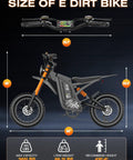 Dimensions of All Terrain Electric Dirt Bike For Adults And Teens With 4500W Peak Motor, 40 MPH Top Speed, 100 Mile Range, 48V 25Ah Battery
