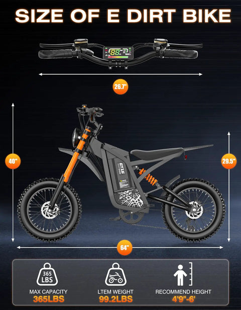 Dimensions of All Terrain Electric Dirt Bike For Adults And Teens With 4500W Peak Motor, 40 MPH Top Speed, 100 Mile Range, 48V 25Ah Battery