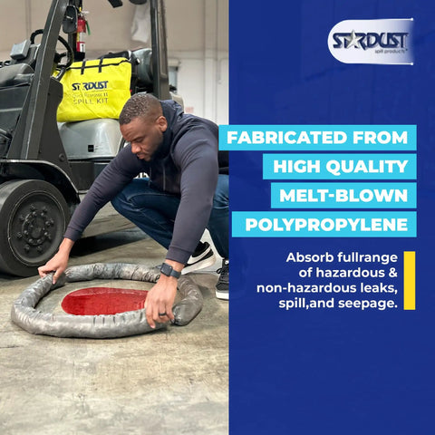 Person using Universal Spill Kit For Vehicles, Industrial And Restaurant Use, OSHA Compliant Pro Grade Emergency Cleanup.