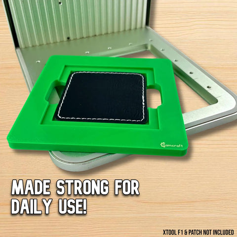 Square Patch Jig For XTool F1 Engraving holds 2.5 and 3 inch leather patches, slides into base plate, hassle-free alignment