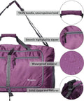Heavy Duty Foldable Travel Duffel Bag 60L Waterproof Water Resistant Large Capacity For Beach Trips Gym Purple with zippers and handles.