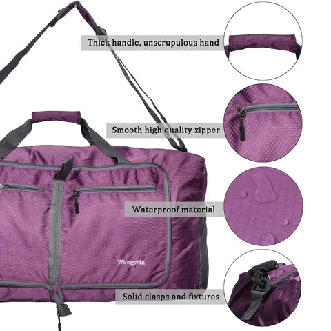 Heavy Duty Foldable Travel Duffel Bag 60L Waterproof Water Resistant Large Capacity For Beach Trips Gym Purple with zippers and handles.