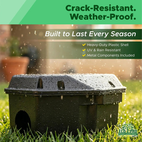Heavy Duty Large Size Bait Station 2 Pack For Mice And Bigger Rodents, Tamper Resistant Lockable Bait Boxes For Indoor Outdoor Use, Reusable Weather Resistant Pest Control With Key, High Capacity Durable Rodent Defense in wet grass, showing weather resistance.