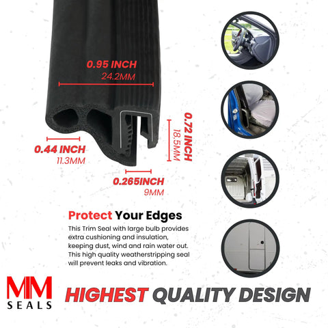 Door Rubber Seal Large Bulb With Big Grip Range, Flexible And Easy Install, metal clips, 61/64 Inch Bulb Height