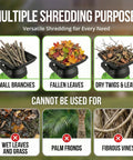 Powerful Electric Wood Chipper Mulcher With 15 Amp Motor 1.8 Inch Cutting Diameter 50L Collection Bag image showing shredding suitability.