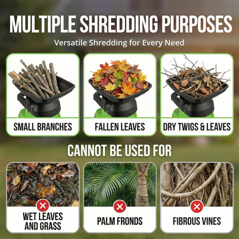 Powerful Electric Wood Chipper Mulcher With 15 Amp Motor 1.8 Inch Cutting Diameter 50L Collection Bag image showing shredding suitability.