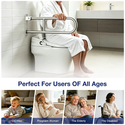 Foldable Toilet Grab Bar 24 Inch Stainless Steel Handrail Heavy Duty Bathroom Safety Rail supporting user in bathroom.