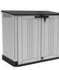 Front view of Store It Out Prime Outdoor Resin Storage Shed With Hydraulic Pistons Easy Lift Hinges Ventilation Panels Steel Reinforcement Bin Opening Kit