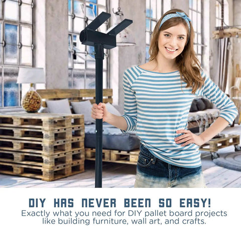 Woman holding Deck Wrecker Pallet Breaker Tool For Quick Pallet Teardown And Deck Board Removal in a workshop setting.