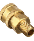 Brass pressure washer quick-connect coupling with female NPT socket to male thread, 1/4 in, knurled grip (side view)