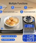 Dual Platform Kitchen Scale With 0.01g Precision And 5Kg Capacity, displaying baked goods and blueberries, digital screen