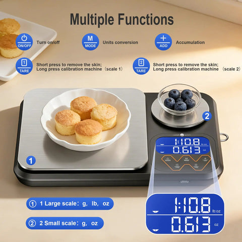 Dual Platform Kitchen Scale With 0.01g Precision And 5Kg Capacity, displaying baked goods and blueberries, digital screen