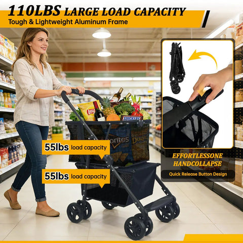 Woman using Folding Shopping Cart And Heavy Duty Pet Carrier 110 Lbs 2 In 1 Personal Cart with groceries in a supermarket