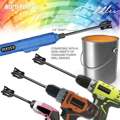Workhorse Three Pack Resin Mixer Paddles For Drill with multiple drill attachments next to paint can